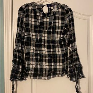 plaid blouse with cutout neck and flare sleeve